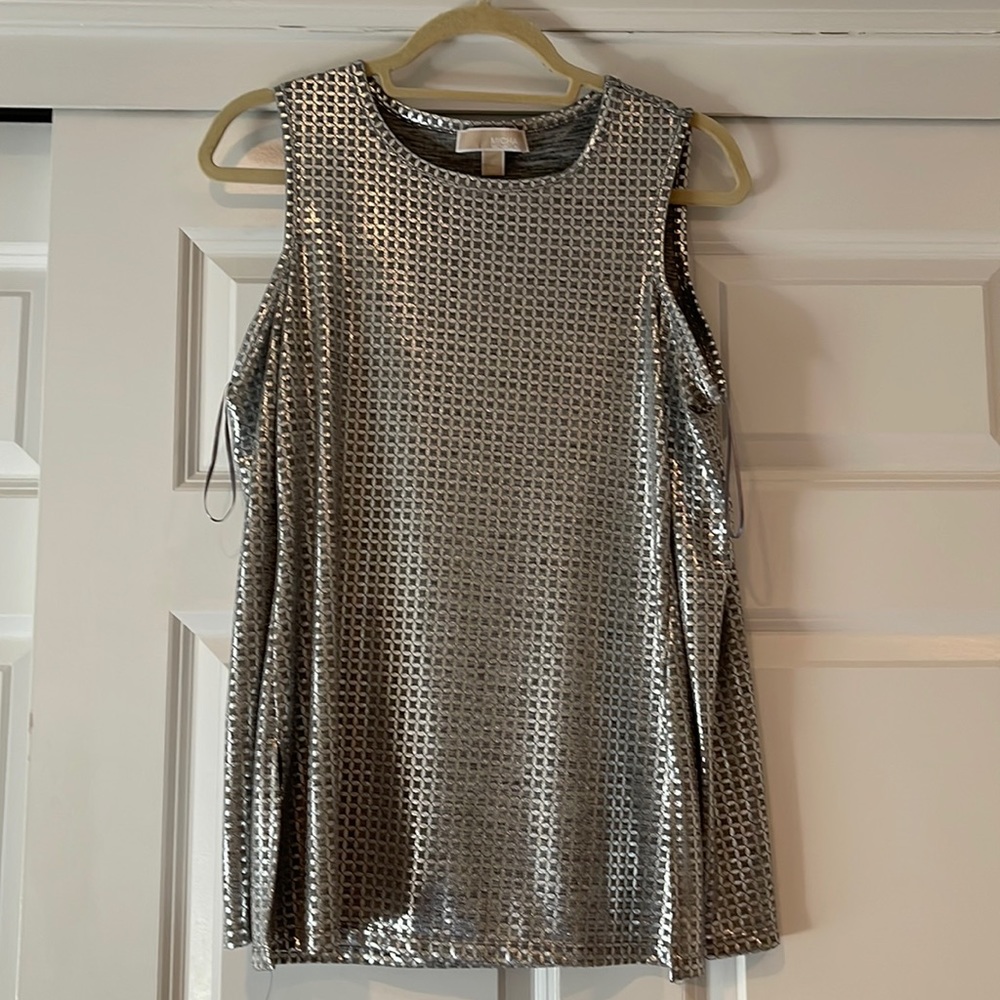 Michael Kors gorgeous round neck  silver evening shirt sz sm stretch material.